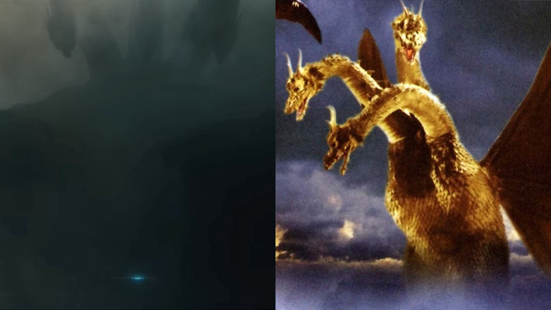The shadow of Ghidorah looms large in King of the Monsters, next to its gleaming appearance in Ghidorah, the Three-Headed Monster.